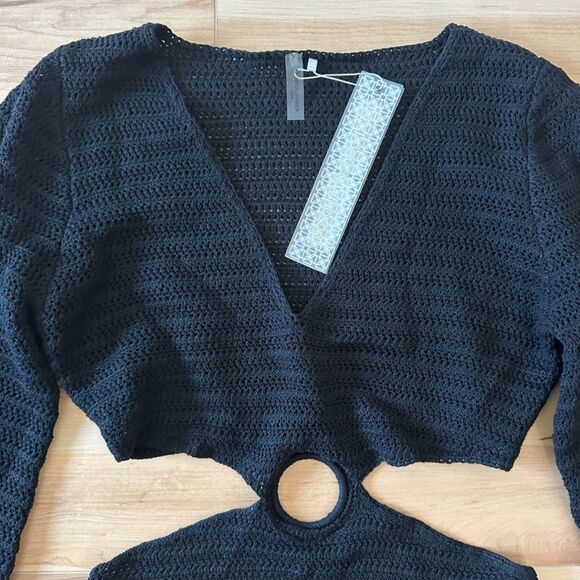 Devon Windsor Crochet‎ Knit Fallon Cut Out Long Sleeve Mini Dress Black Sz Large - Picture 2 of 7
